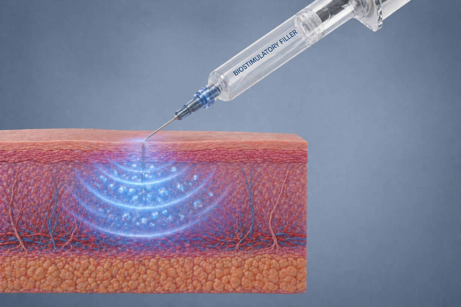 Illustration of a biostimulatory filler injection showing particles dispersing beneath the skin's surface to stimulate collagen production