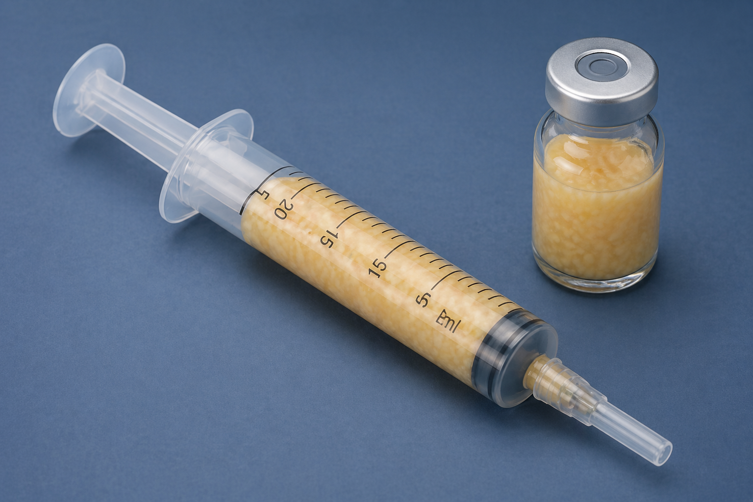 Syringe and vial containing harvested fat tissue (lipoaspirate) used in autologous fat grafting for penile girth enhancement