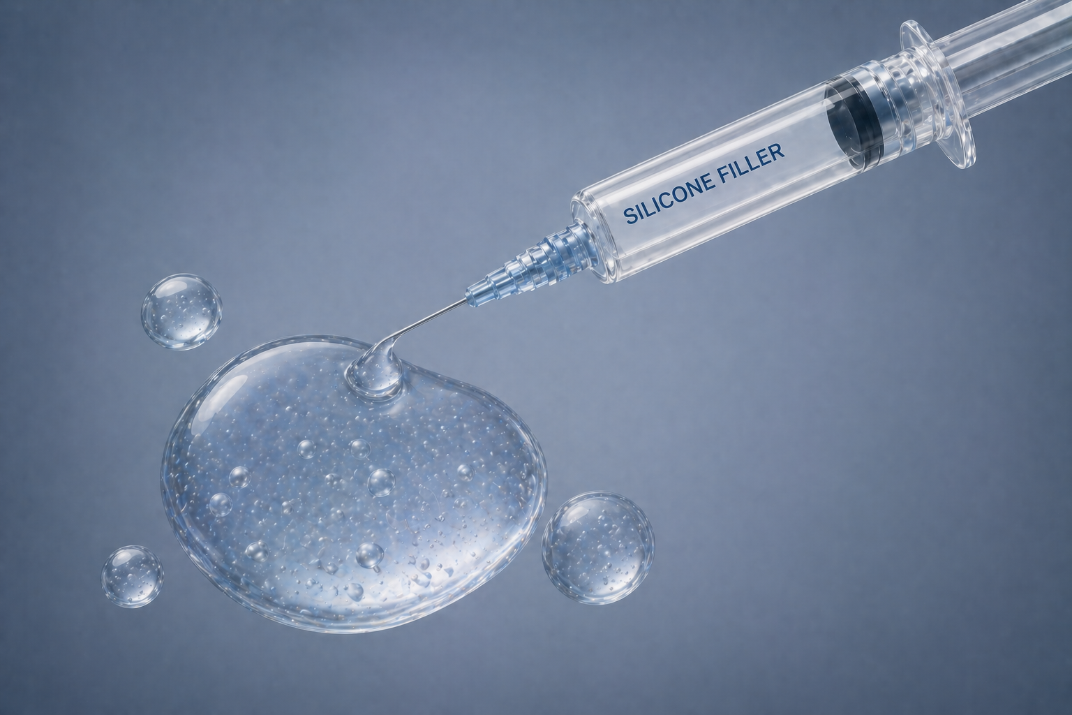 Illustration of a syringe labeled 'silicone filler' injecting a clear gel substance, representing the underground practice of silicone injection