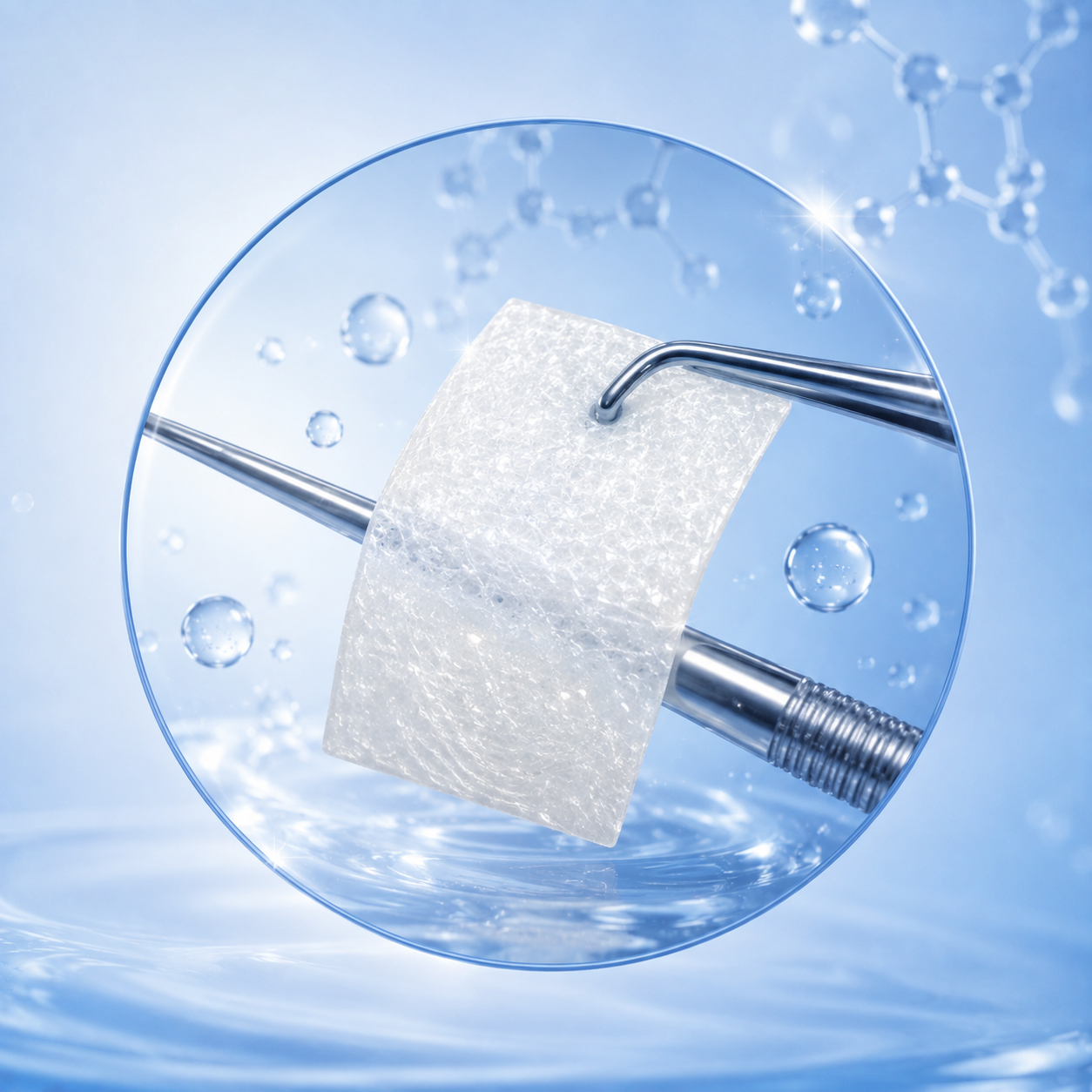 Close-up illustration of acellular dermal graft material held by surgical instruments, representing the biological tissue matrix used in dermal graft procedures